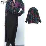 Yipinpay 2023 Women Loose Print Blouses Spring Autumn Casual Turn Down Collar Long Sleeved Top Fashion Single Breasted Shirts