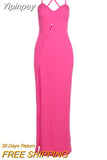 Yipinpay Sexy Sling Hollow Backless Women Dress Fashion Solid Color Slim Slit Ladies Dress Party Party Femme Long Dresses Workwear