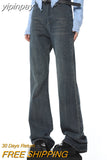 yipinpay Blue High Waist Women Jeans American Fashion Streetwear Wide Leg Jean Female Denim Trouser Straight Baggy Denim Pants