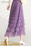 Yipinpay Solid Color Cake Long Skirt Mesh Puffy Women Sexy Korean Floor Length Party Skirts Loose Elastic Female Ball Gown Summer