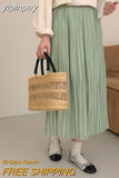 yipinpay Summer Pleated Midi Skirt Women Solid Color Elegant Lining A-line Long Faldas Female Slim Chic Cute High Waist Skirts