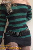 Yipinpay Dress Off Shoulder Punk Gothic Witchy Clothes Women Striped Long Sleeve Knitted Dress y2k Dark Academia Dress