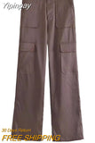 Yipinpay Women's Cargo Trousers Brown Cargo Pants Women High Waist Baggy Pants Woman Fashion Pockets Streetwear Satin Casual Pants