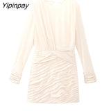 Yipinpay 2023 Summer Women Pleated Dresses Fashion Sheath O-neck Mini Dresses Long Sleeve Sheath Folds Vestidos Two Colors