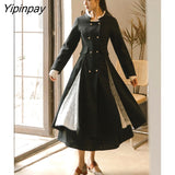 Yipinpay Autumn/Winter Woolen Dress Women New Patchwork Double Breasted Dress Female Elegant High Quality Long Sleeve Dress