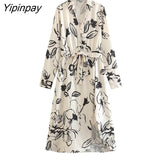 Yipinpay Summer Women Printed Mid-Calf Dresses With Belt 2023 Elegant Fashion Turn Down Collar Dresses A-line Long Sleeve Vestidos