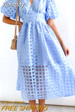 Yipinpay Women Elegant Hollow Out Puff Sleeve Dress 2023 Summer Fashion Chic V-Neck Mesh Midi Frock Party Banquet Trend Ladies Vestido