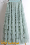 Yipinpay White Long Skirts For Womens Fashion 2023 Summer High Quality Green Dark Brown And Blue Mesh Tulle Cake Midi Skirt Female