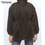 Yipinpay 2023 Women Winter Thicken Faux Fur Coat Zipper Cardigan Loose Jacket Solid Stand Collar Sweat-shirt Outwear Overcoat