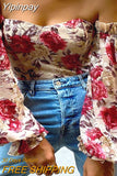 Yipinpay Chic Women Floral Off Shoulder Blouse Tops Sexy Frill Long Lantern Sleeve Strapless Corset Tops Fashion Slim Fit Tops