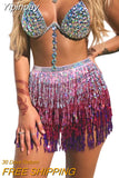Yipinpay Women Sexy Belly Skirt, Sequined Fringe Miniskirt with Adjustable Waist Straps, Mini Skirt for Dance Performance, Rave Party