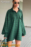 Yipinpay Green Shacket Oversize Shirts Women Dropped Shoulder Street Style Plaid Blouses Double Pockets Casual Loose Top 2023