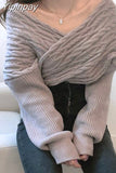 Yipinpay Off Shoulder Sexy V-neck Cross Loose Twist Patchwork Sweaters Solid Color Long Sleeve Knitted Pullovers Autumn Spring 2023