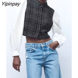 Yipinpay New Women Blouses Shirts 2023 Spring Autumn Casual Single Breasted Spliced Tops Vintage Long Sleeve T-Shirts
