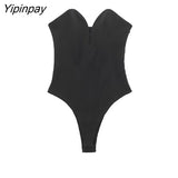 Yipinpay Women Fashion With Sweetheart Neck Draped Bodysuits Vintage Backless Zipper Thin Straps Female Playsuits Mujer