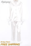 Yipinpay 2 Pcs Women Solid Color Outfits Adults Furry Long Sleeve Tailored Collar Blazer + Straight-Leg Suit Pants Street Style