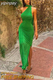 yipinpay Green Elegant Halter Sexy Backless Pearl Chain Sleeveless Bodycon Long Dresses Women 2023 Summer Beach Party Casual Dress