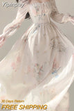 Yipinpay Elegant Floral Midi Dress Woman Party Beach Style Long Sleeve Dress Boho One Piece Dress Korean Fashion 2023 Summer