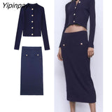 Yipinpay Women Solid Knitted Sets Single Breasted Tops+Mid-Calf Sheath Skirts Sets 2023 Elegant Long Sleeve Casual Sweater