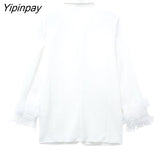 Yipinpay 2023 Women Feather Blazer Jackets Spring Autumn Notched Office Outfits Pockets Coats Single Button Long Sleeve Chic Outwear