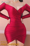 Yipinpay Women Chic Solid Off Shoulder Long Sleeves Wrap Mini Bodycon Party Red Dress