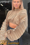 yipinpay Fashion Women Y2K Autumn Long Sleeve Pleated T Shirt Vintage 90s Casual Loose Aesthetic Crop Tops Female 2023 Party Club