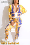 Yipinpay Piece Set Women Set Flower Print Long Sleeve Zipper Jacket Tops And Pant Suits Sheath Matching Fashion Outfit Spring Autumn