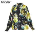 Yipinpay Vintage Women Floral Printed Bow Blouses 2023 Fashion O-neck Spring Autumn Causal Long Sleeved Thin Tops Pullover T-Shirts