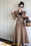 Yipinpay Piece Sets Womens Outfits Bow Woolen Coat A Line Swing Black Skirts Long Puff Sleeve Shirts Korean Clothes 2023 Fall