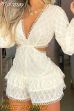Yipinpay Waist Women Summer & Autumn Lantern Sleeve Cutout Ruffles Romper Female & Lady Sexy Casual Party Sexy Elegant Jumpsuits