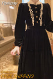 Yipinpay Vintage Lace Midi Dress Elegant 2023 Autumn Slim Long Sleeve Black Velvet Dress Casual Party Korean Fashion Dress Design