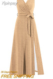 Yipinpay Summer Sleeveless V-neck Large Size Slim Temperament Shiny Dress Banquet Party Slit Long Dress