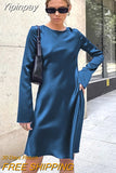 Yipinpay Flare Sleeves Casual Women Satin Dress Blue Round Neck A-Line Dress Zipper Spring 2023 Summer Fashion Female Dress