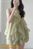 Yipinpay Dress Vintage Hanging Neck Layer Ruffle Sleeveless Sling Dress Short Sexy Green Chiffon Dresses Robe Vestidos Mujer Korean