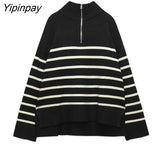 Yipinpay Women Fashion Zipper Collar Sweater 2023 Winter Thicken Striped Loose Knitting Sweater Vintage Long Sleeve Female Pullover