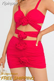 Yipinpay Flower Decor Bodycon Dress Set Women Sexy Suspender Cutout Crop Tank Tops+Ruched Mini Skirts Party Clubwear Suit