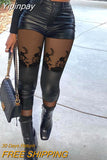 Yipinpay Women Mesh&Pu Leather Patch High Waist Zipper Pants Skinny Spring&Autumn Black Pencil Pants