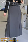 Yipinpay Vintage Belt Long Skirt Women Autumn 90s Aesthetic Streetwear Y2k High Waist Slim A-line Pleated Skirt Korean Style