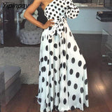 Yipinpay Women One Shoulder Dots Print Belted Maxi Dress Party Summer Dress