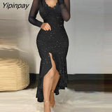 Yipinpay Women Glitter V Neck Lace Patch Asymmetrical Mermaid Bodycon Formal Party Sexy Midi Dress