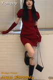 Yipinpay Knitted Bodycon Dress Sexy Puff Sleeve Sweater Mini Dress Women Evening Party One Piece Dress Korean Spring Clothing Chic