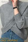 Yipinpay Mujer Half High Collar Cross Irregular Loose Long Sleeve Knitted Thickened Sweater Y2k Top Grey Grunge Sweaters Jumper
