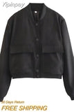 Yipinpay Fashion Bomber Jackets for Women 2023 Chic Pockets Coats Female Long Sleeve Stand Collar Casual Jacket New Outerwears