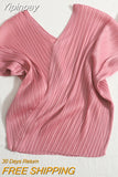 Yipinpay V-neck Minimalist T-shirts Bat Sleeve Pleated Spring Summer New Korean Solid Fashion Short Sleeve Top Casual Blouse Shirts