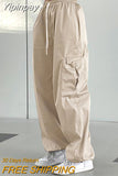 Yipinpay Street Style Khaki Parachute Pants Women Pleated High Waist Pockets Cargo Pants Casual Drawstring Trousers Gray 2023