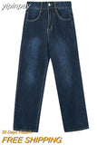 yipinpay Size Womens Jeans High Waist Straight Baggy Fashion Pants Streetwear Vintage Dark Blue Casual E Girl Wide Leg Denim Trouser