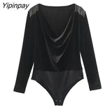 Yipinpay Woman Fashion Beaded Velvet Bodysuit Jumpsuit 2023 Casual Body Long Sleeved Tops Clothes Female Suit