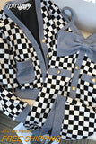 Yipinpay Black White Checkerboard Coat Short Cardigan Casual 2Piece Sets Retro Bow Spaghetti Strap Plaid Dress Bodycon Outfits