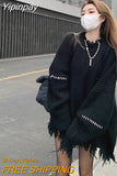 Yipinpay Femme Lazy Loose Irregular Tassels Black Ripped Sweater Women Jumpers Vintage Casual O Neck Long Sleeve Hole Knit Top