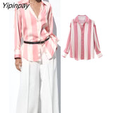 Yipinpay 2023 New Women Thin Striped Blouses Shirt Summer Causal Turn-Down Collar Tops Vintage Single Breasted Loose T-Shirts